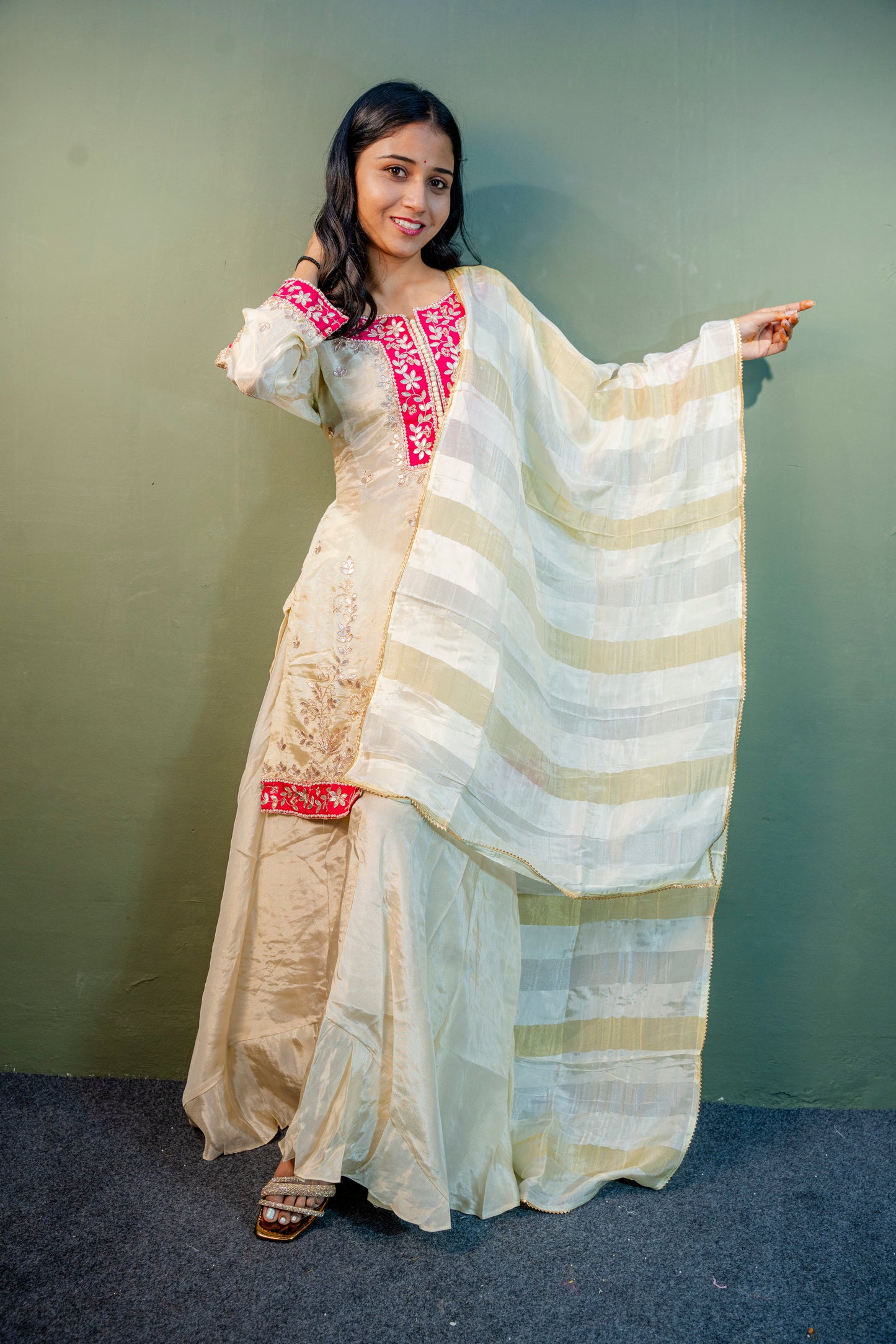 White with Pink Border Indo-Western 3-Piece Set