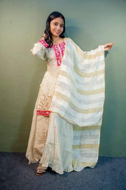 White with Pink Border Indo-Western 3-Piece Set