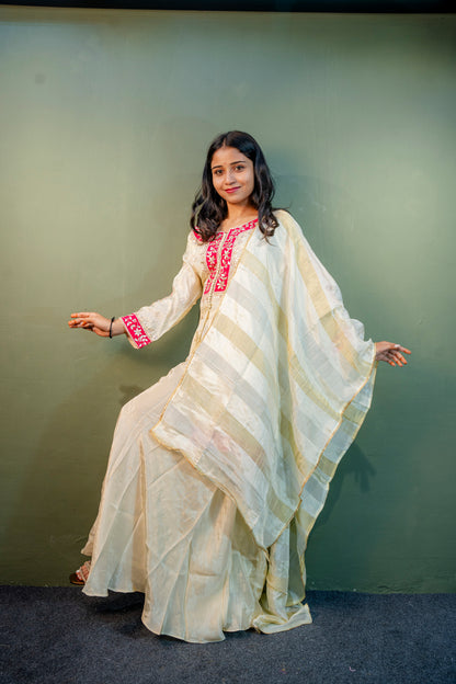 White with Pink Border Indo-Western 3-Piece Set