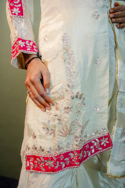 White with Pink Border Indo-Western 3-Piece Set