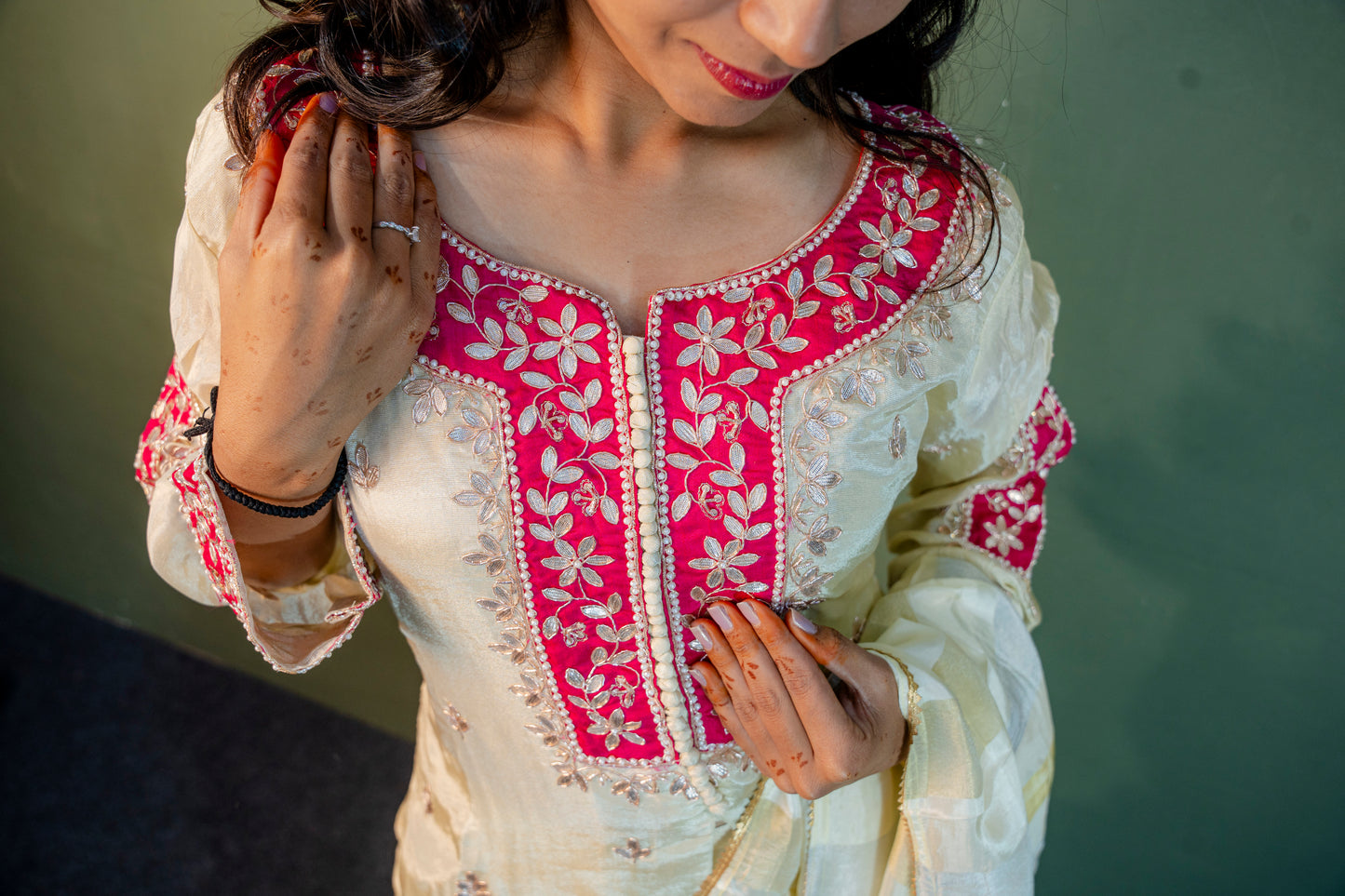 White with Pink Border Indo-Western 3-Piece Set