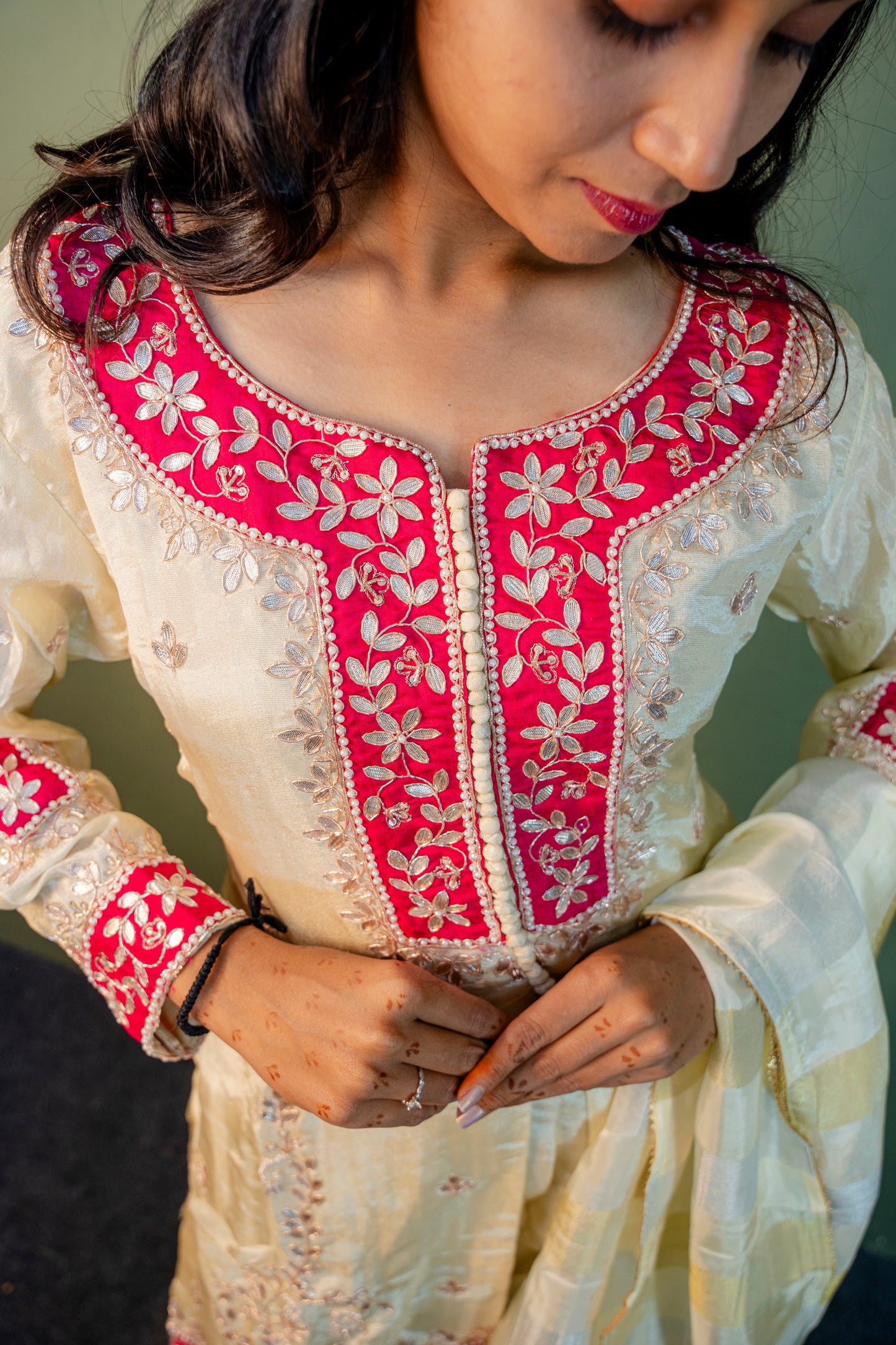 White with Pink Border Indo-Western 3-Piece Set