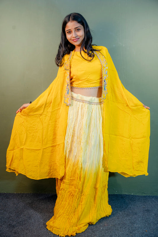 Golden Aura Yellow Piping & Stone Work Indo-Western 3-Piece Set