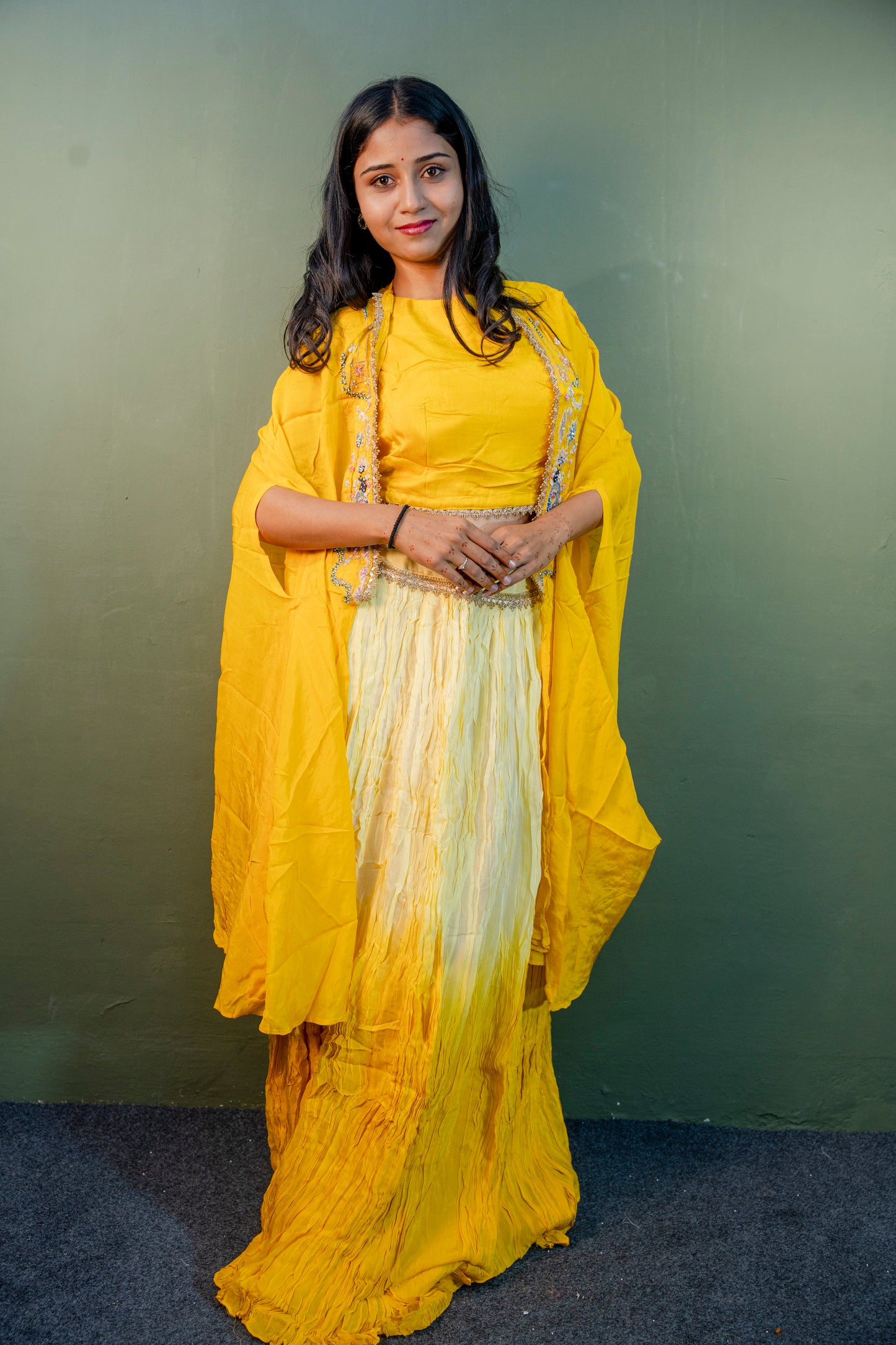 Golden Aura Yellow Piping & Stone Work Indo-Western 3-Piece Set