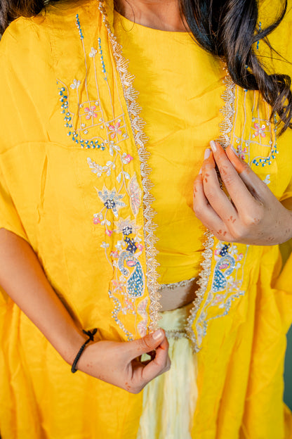 Golden Aura Yellow Piping & Stone Work Indo-Western 3-Piece Set