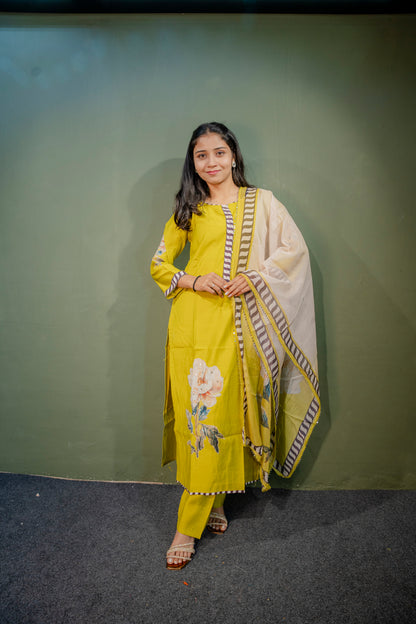 Lemon Yellow Roman Silk Dress with Digital Print & Piping Work