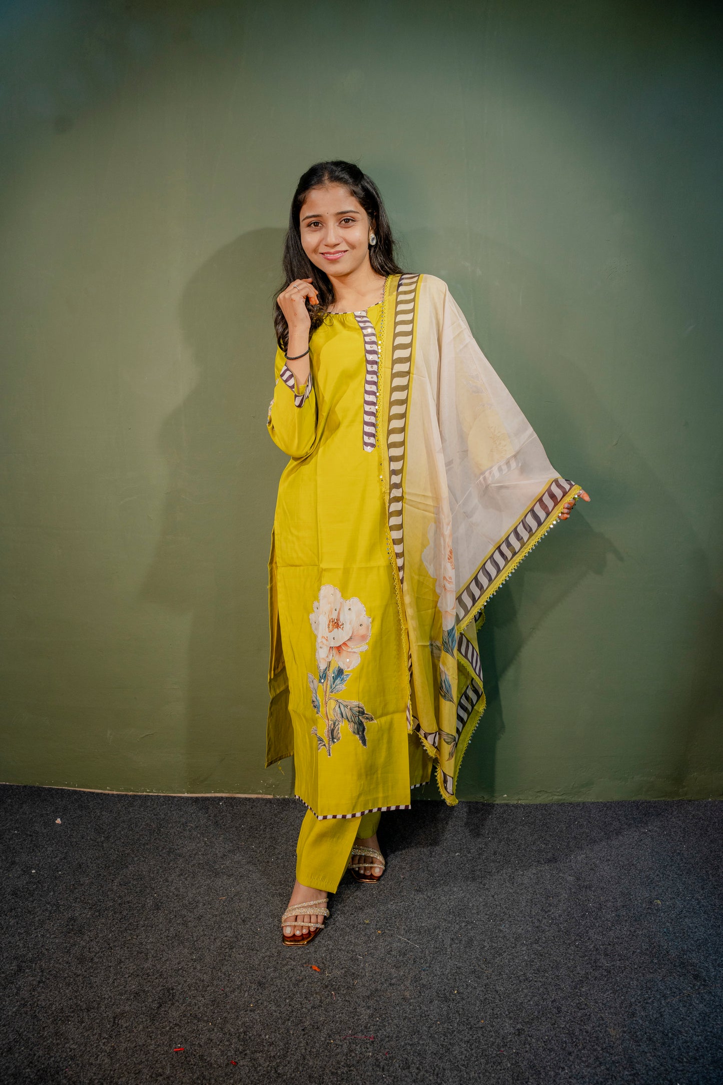 Lemon Yellow Roman Silk Dress with Digital Print & Piping Work