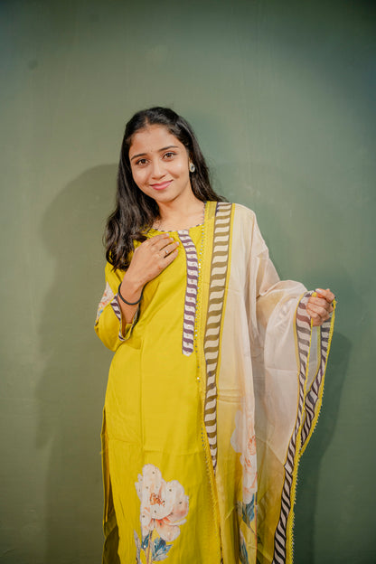 Lemon Yellow Roman Silk Dress with Digital Print & Piping Work