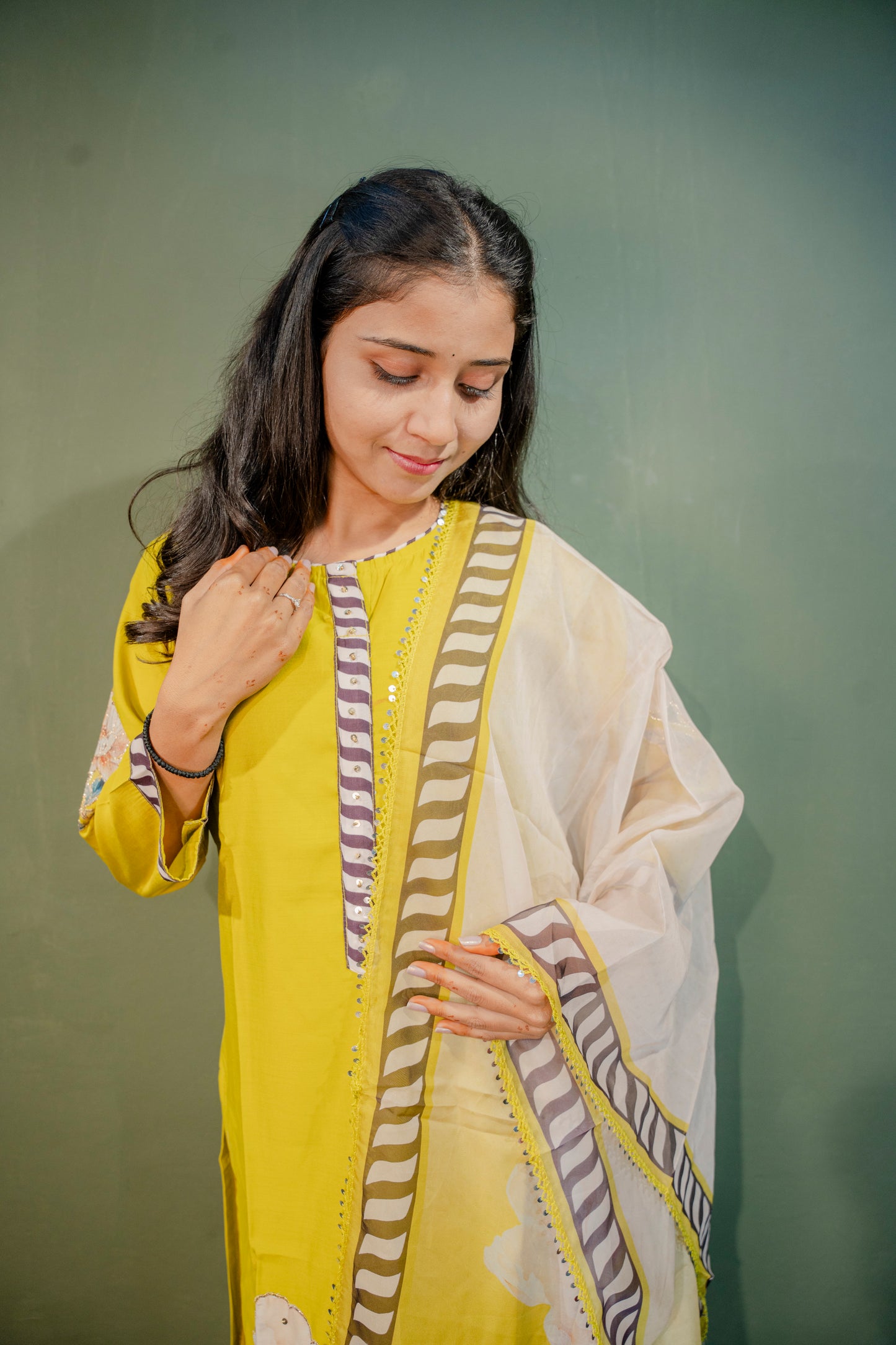 Lemon Yellow Roman Silk Dress with Digital Print & Piping Work