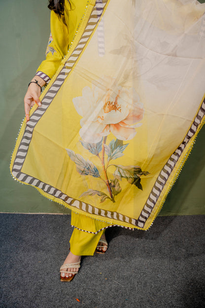 Lemon Yellow Roman Silk Dress with Digital Print & Piping Work