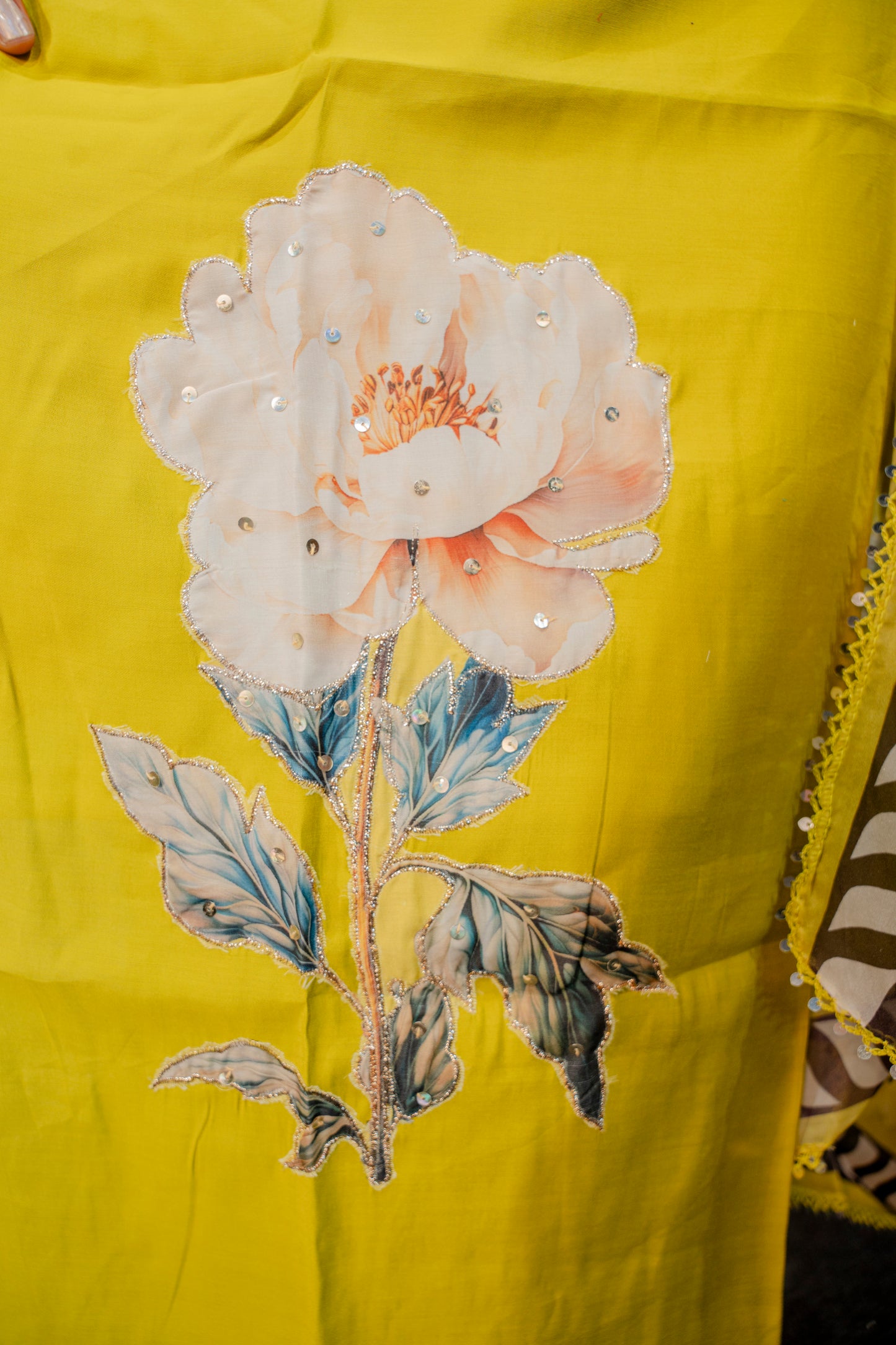Lemon Yellow Roman Silk Dress with Digital Print & Piping Work