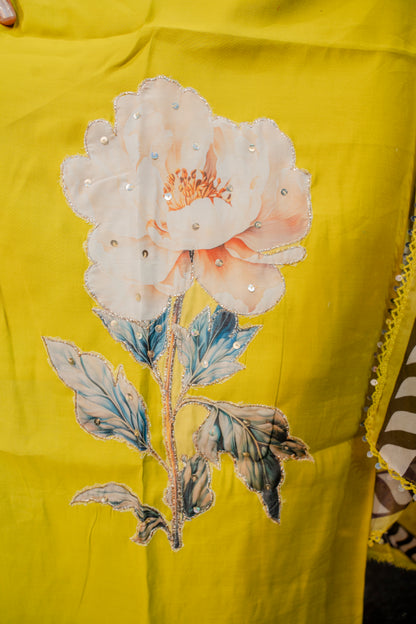 Lemon Yellow Roman Silk Dress with Digital Print & Piping Work