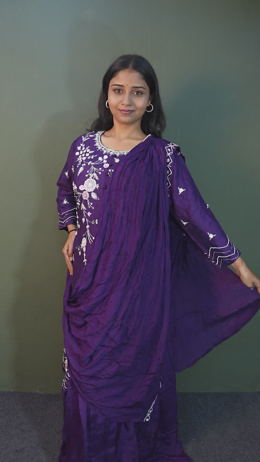 Amethyst Charm Purple Piping & Stone Work Indo-Western 2-Piece Set with Attached Dupatta