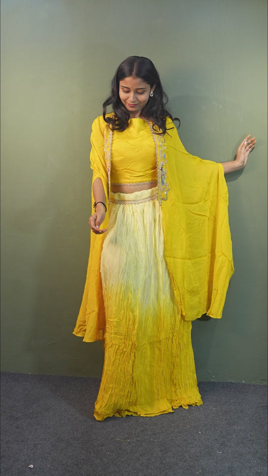 Golden Aura Yellow Piping & Stone Work Indo-Western 3-Piece Set