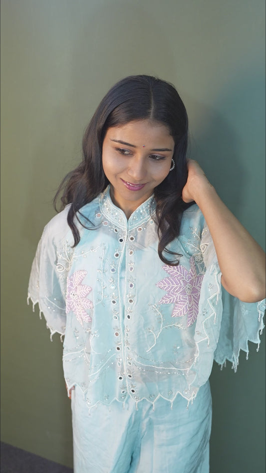 Serene Sky Blue Piping & Stone Work Indo-Western 3-Piece Set