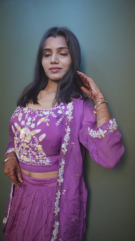 Elegant Purple Thread Work Indo-Western 3-Piece Set