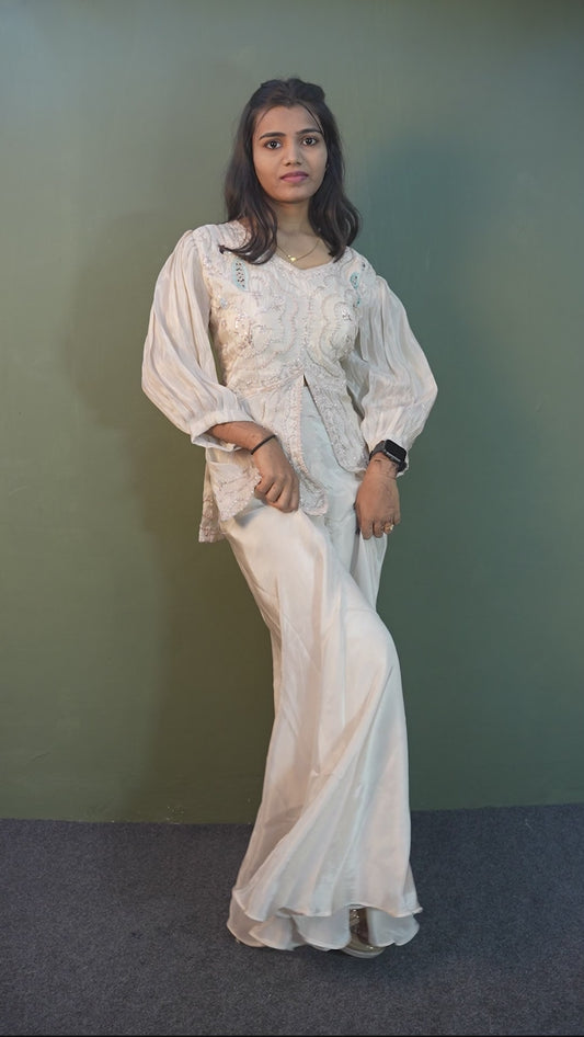 Pristine White Piping & Stone Work Indo-Western 2-Piece Set